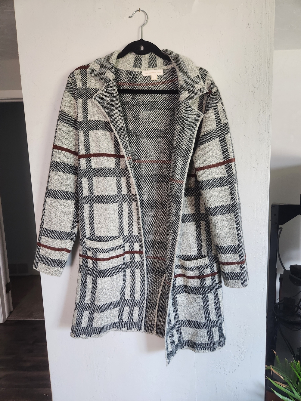 Monteau Cream Plaid Open-Front Cardigan with Gray and Brown Accents